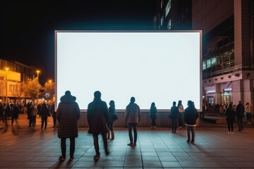 many people looking at blank LED billboard mockup in night city street