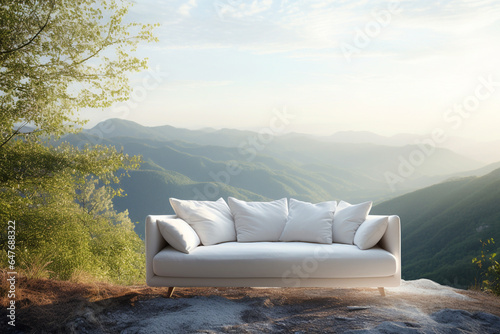 Creative white modern sofa furniture on the mountain.