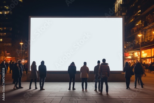 Obraz na płótnie many people looking at blank LED billboard mockup in night city street