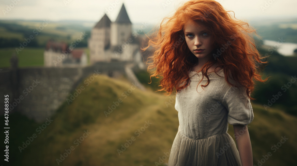 Portrait of beautiful young woman with pale white skin and gorgeous long windblown red hair, standing on top of a hill overlooking an imaginary fairytale European castle, teal green knitted jersey. Portrait of beautiful young woman with pale white skin and gorgeous long windblown red hair, standing on top of a hill overlooking an imaginary fairytale European castle, teal green knitted jersey.