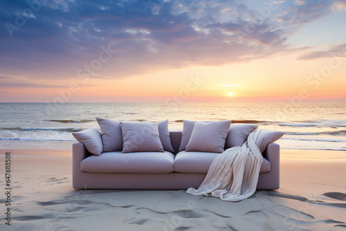 Creative modern luxury sofa furniture on the sand beach with the sea background. © Golden House Images