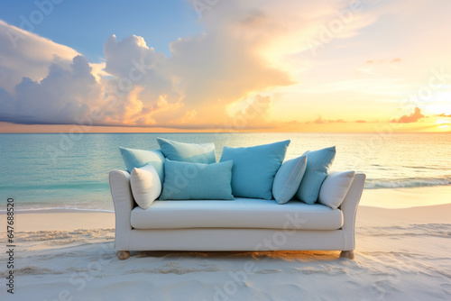 Creative modern luxury sofa furniture on the sand beach with the sea background. © Golden House Images