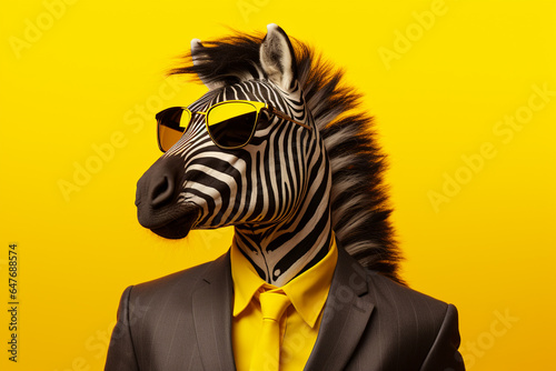 Creative zebra wearing suit in fasion portrait with colorful background