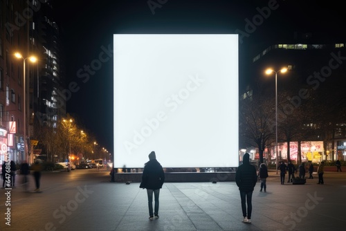 people looking at blank LED billboard mockup in night city street