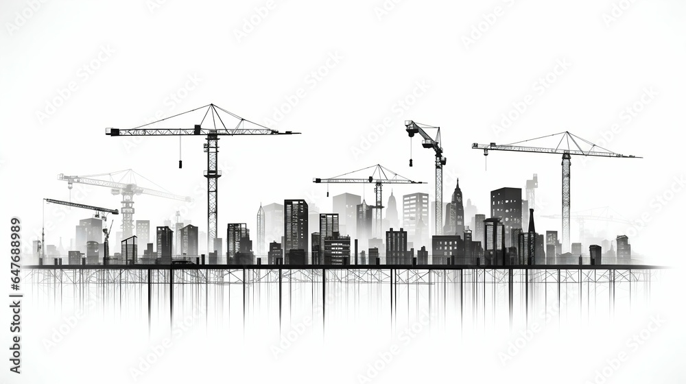 Obraz premium Silhouetted Cityscape: Construction Cranes Towering over Urban Structures on a White Canvas. Generative ai