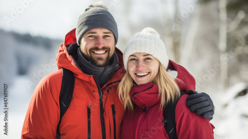 Young sporty couple enjoying life outdoors in winter. Beautiful woman and handsome man smiling and looking at camera. Blurry background