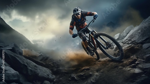 Adventurous Cyclist Tackling a Rugged Mountain Trail. Generative ai © Scrudje