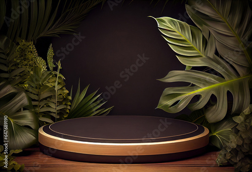 Geometric round wooden black podium on tropical jungle background. Modern minimal graphic design. Summer style. Cope space