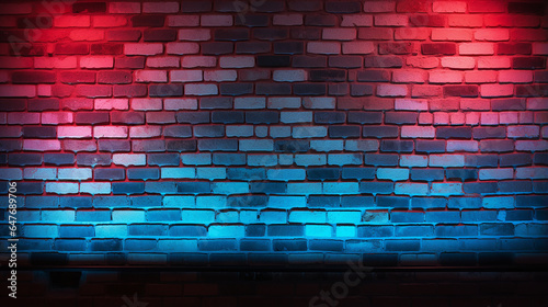 Luz neon nas paredes de tijolos. Efeito de iluminação fundo neon vermelho e azul