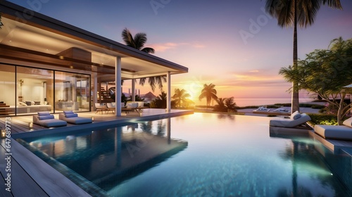 Opulent Villa Resort Featuring a Contemporary Pool at Dawn. Generative ai © Scrudje
