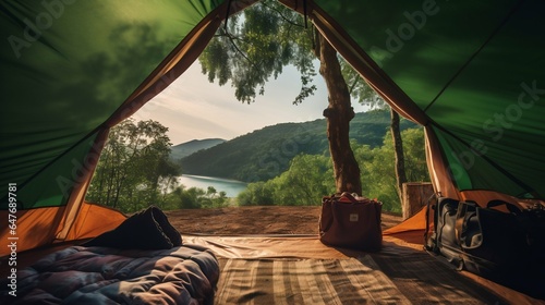 Interior Glimpse of a Camping Tent in a Scenic Hiking Locale. Generative ai