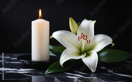 white lily flower with candle on a dark background