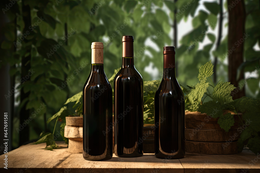 Bottles of red wine on a wooden table in a vineyard against a background of grapevines, symbolizing a celebration of nature and the harvest in a traditional European setting.