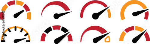 set of Speedometer, gauge meter icons. scale, level of performance. colorful Speed dial indicator . low and high barometer, dashboard with arrows icon collection on transparent background.