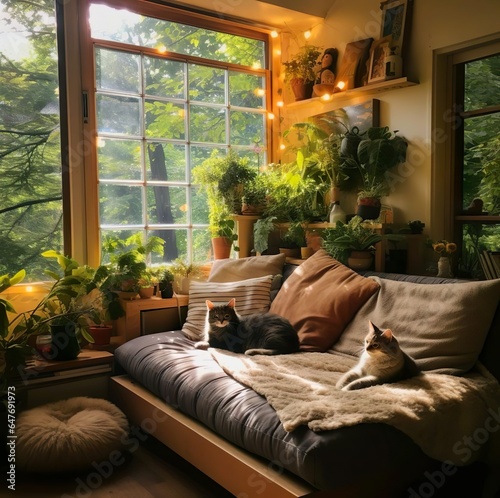 Bedroom with two cat on the bed and a number of plant near the window © Adi