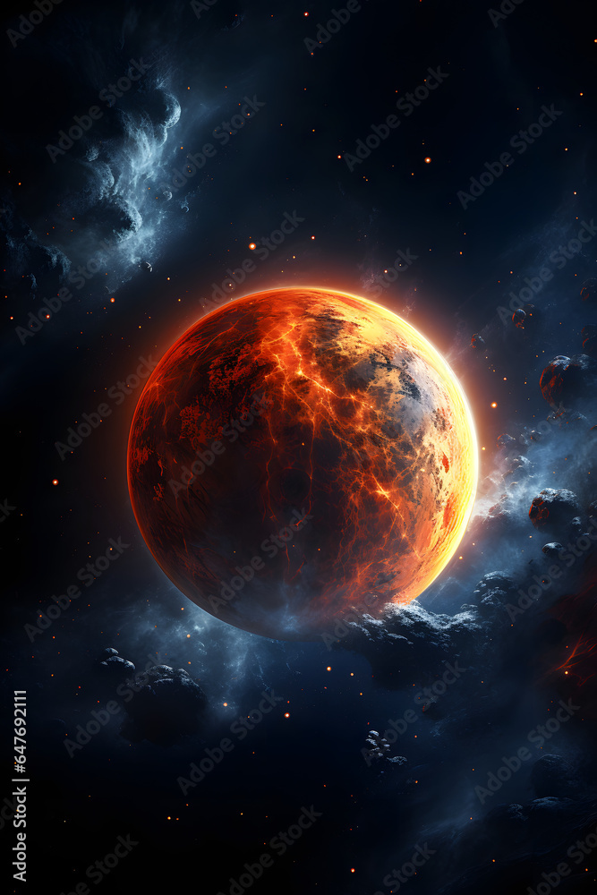 Couverture de livre illustration d'une planète chaudes avec météorites autour » IA générative