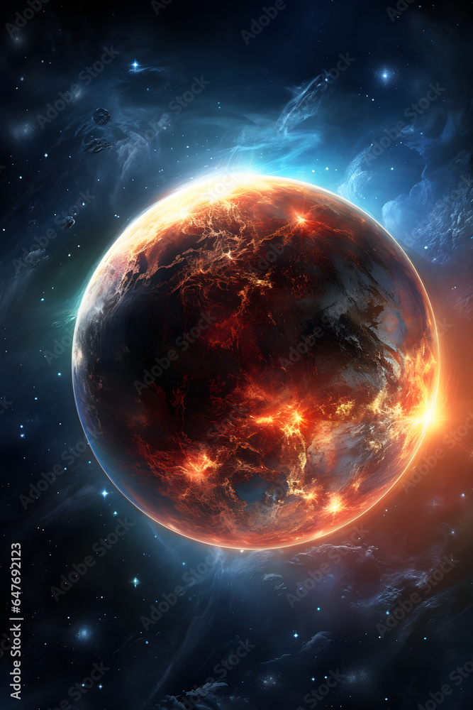 Couverture de livre illustration d'une planète avec zones chaudes avec météorites » IA générative