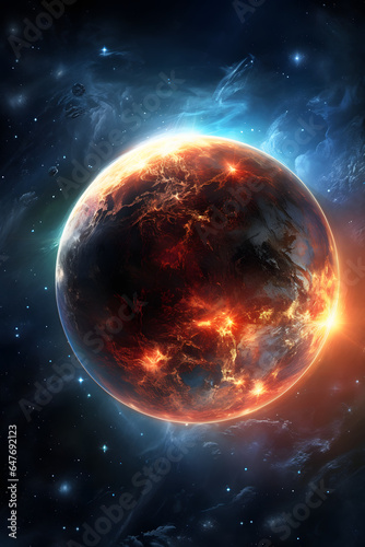 Couverture de livre illustration d'une planète avec zones chaudes avec météorites » IA générative