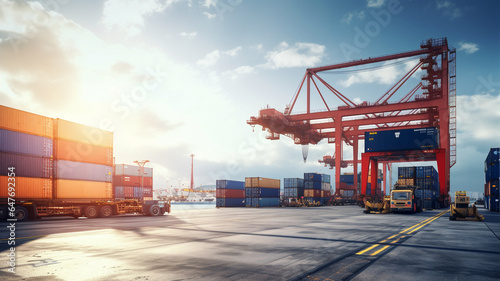Crane loading cargo container import container ship. Generative AI