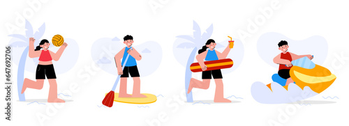Summer holiday concept illustration set. Collection of characters women playing beach volleyball, going for surfing and man riding jet ski at ocean. Vector illustration.