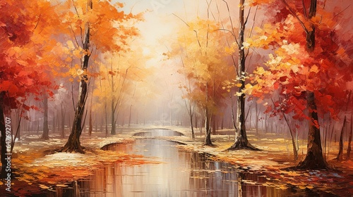 A breathtaking autumn art with exquisite aesthetics. The scene depicts a serene forest painted in shades of crimson  gold  and amber. The trees stand tall  their leaves gently swaying in the breeze.