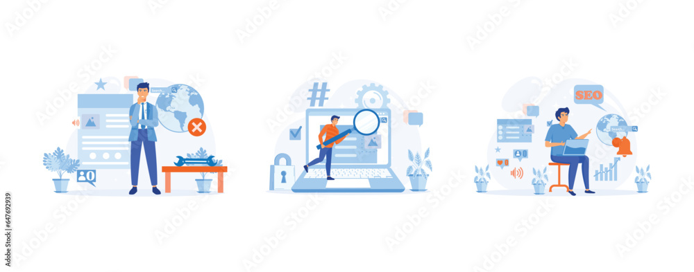 Advertising in the internet. Inefficient SEO optimization. Ineffective keywords analysis. Content production without SEO content audit. set flat vector modern illustration 