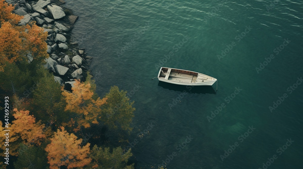 Generative AI, boat at the calm lake in autumn with serene water around, fall landscape