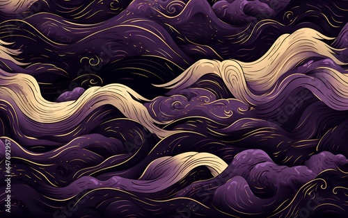 Seamless pattern with waves, in black, purple and gold style, in japanese style