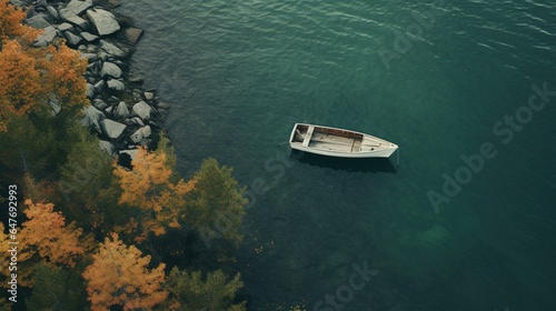 Generative AI, boat at the calm lake in autumn with serene water around, fall landscape © DELstudio