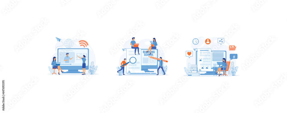 Blog Creation, Starting Personal Lifestyle Vlog, Content management for web page, Blog authors writing articles. set flat vector modern illustration
