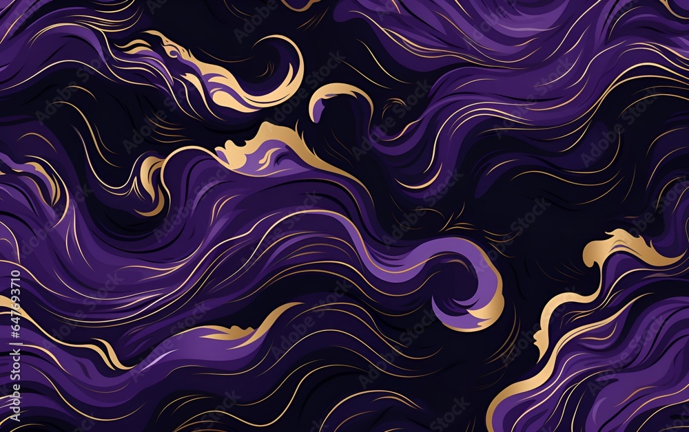 Seamless pattern with waves, in black, purple and gold style, in japanese style Seamless pattern with waves, in black, purple and gold style, in japanese style