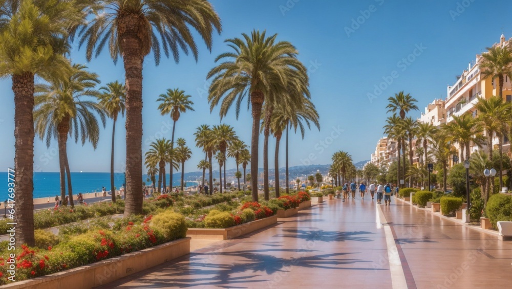 Beautifully landscaped city promenade along the coast of the Mediterranean Sea on the Costa del Sol in Spain