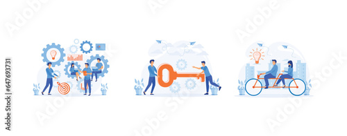 Communication and teamwork concept, people working together in team, entrepreneur go to the door with a key, Creative Idea Teamwork. set flat vector modern illustration