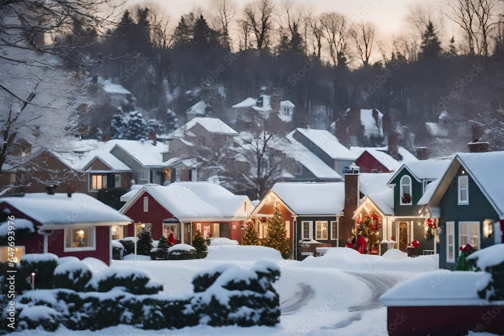 a charming suburban neighborhood covered in snow, with each house beautifully decorated for Christmas and children playing outside. 
