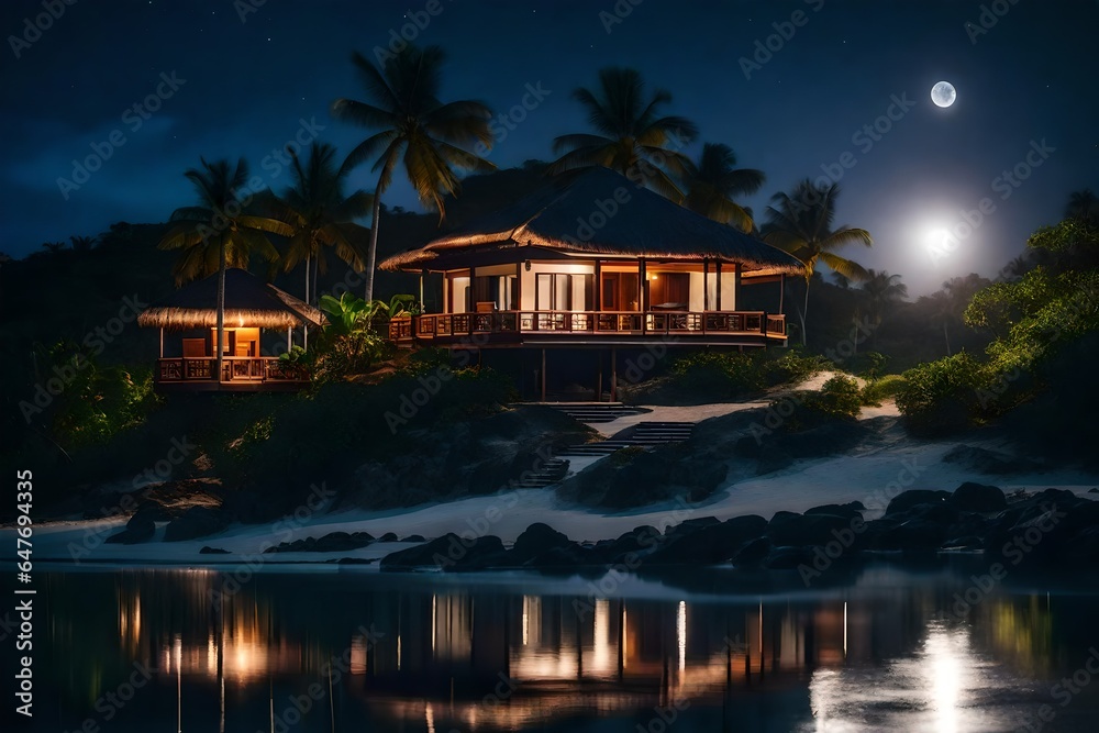 An exclusive island villa bathed in moonlight. 