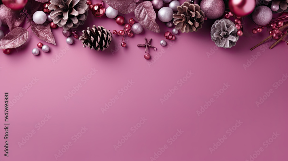 Elegant pink backdrop adorned with leaves, toys, balls, cones, and exquisite New Year decor, a festive Christmas wonderland Elegant pink backdrop adorned with leaves, toys, balls, cones, and exquisite New Year decor, a festive Christmas wonderland