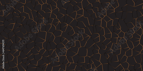Abstract dark background of polygons in light golden colors.Abstract mosaic background of triangle plates in black colors Geometric backlight decorative background for creative projects.