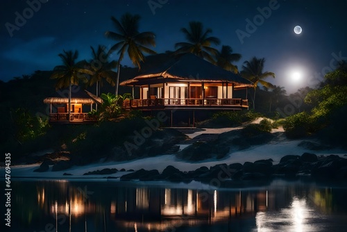 An exclusive island villa bathed in moonlight. 