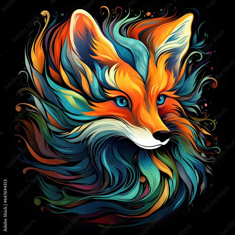 Colorful poster with fox in vector design style isolated on black background