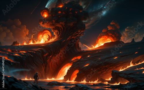 Artistic image of sea, flames, darkness, realism, futuristic
