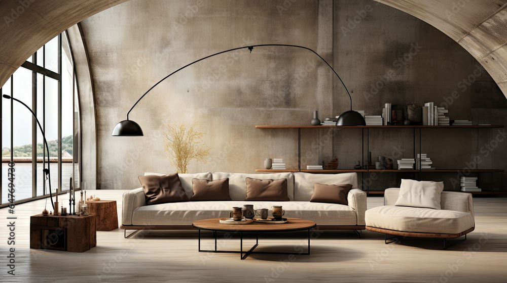 Minimalist Loft Living: Cozy Sofa and Concrete Walls” Minimalist Loft Living: Cozy Sofa and Concrete Walls”
