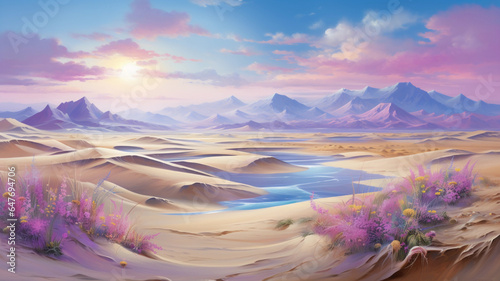 an awe-inspiring artwork featuring a whimsical desert oasis, with lush greenery and sparkling blue waters nestled amidst the arid sands, as colorful birds and fantastical creatures gather in harmony