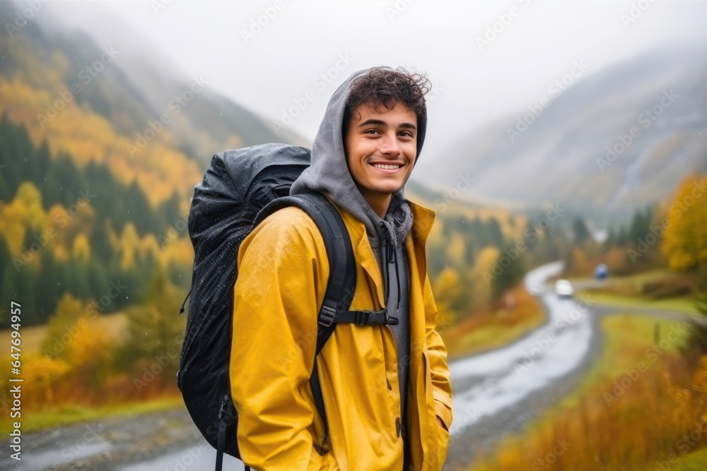 Golden Fall Exploration: Happy Hiker in Foggy Hills