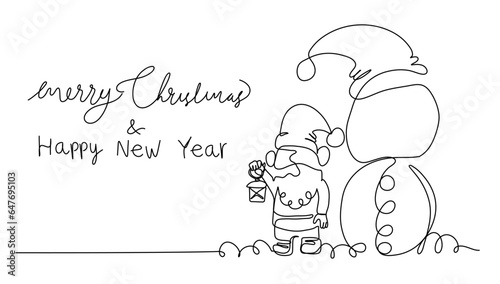 Continuous line drawing of santa and snowman for Merry Christmas And Happy New year. vector illustration