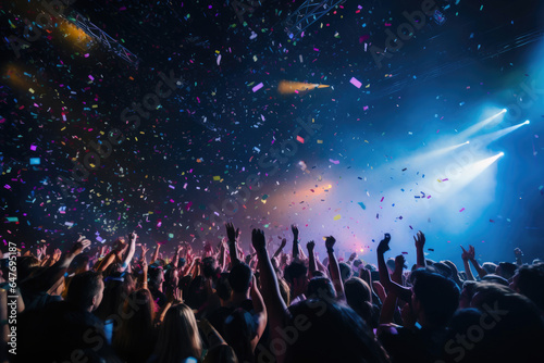 Euphoric Concert Crowd Bathed in Colorful Light and Confetti