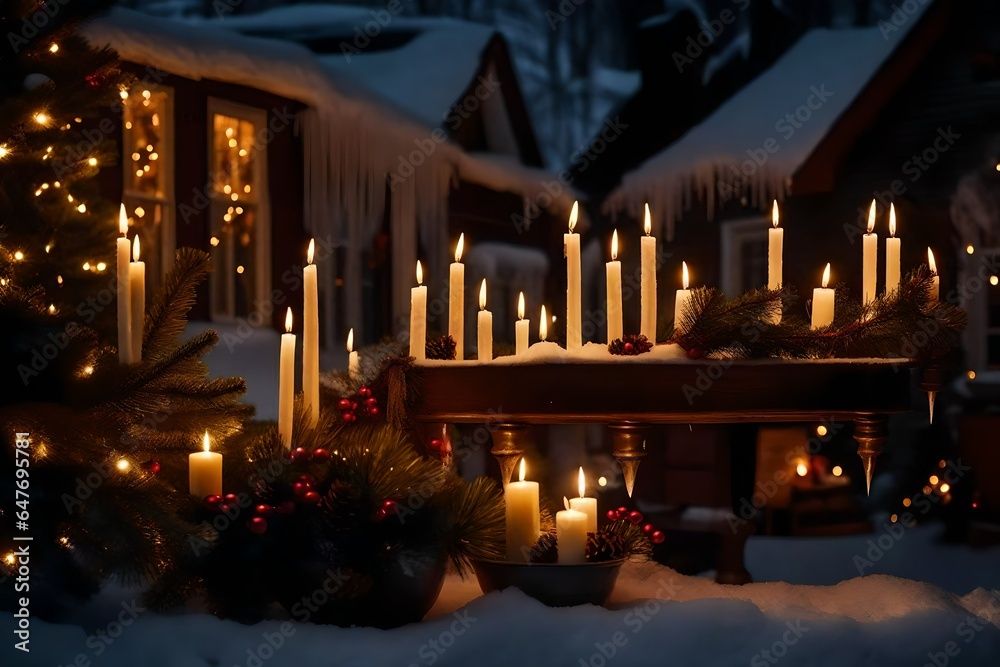 An idyllic winter evening at a vintage Christmas home with icicles and warm candlelight. 