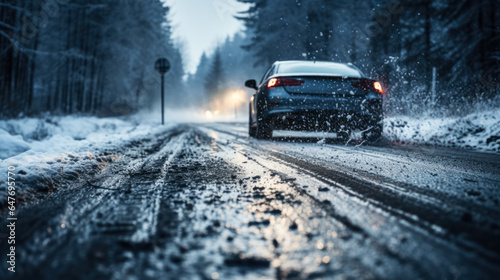 Car skidding on black ice illustrating the perils of winter road travel 