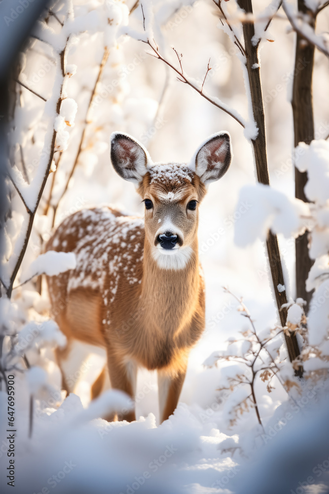 Obraz premium Deer foraging in a snow-covered wilderness depicting wildlife struggle in extreme cold 