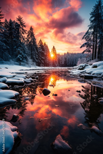 Frozen lake amidst a rustic setting reflecting the serene beauty of harsh winters  © fotogurmespb