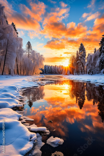 Frozen lake amidst a rustic setting reflecting the serene beauty of harsh winters 